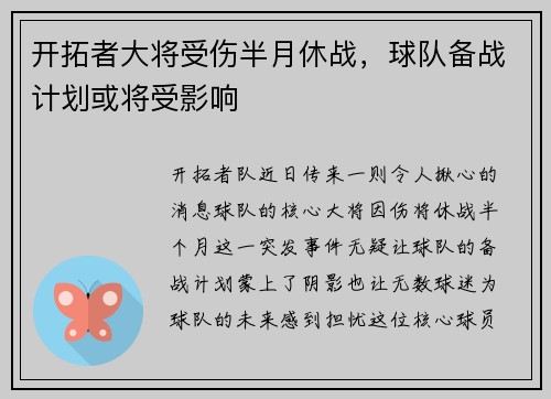开拓者大将受伤半月休战,球队备战计划或将受影响