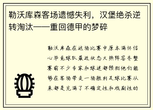 勒沃库森客场遗憾失利，汉堡绝杀逆转淘汰——重回德甲的梦碎