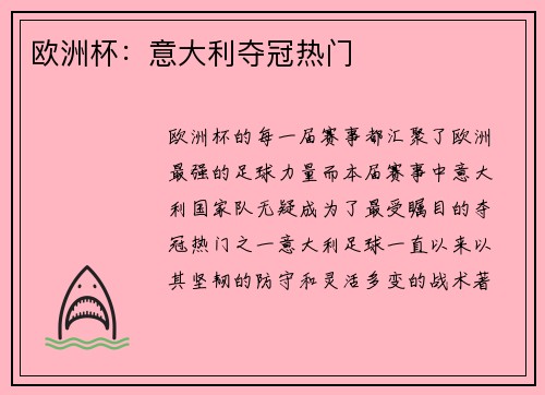 欧洲杯：意大利夺冠热门