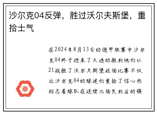 沙尔克04反弹，胜过沃尔夫斯堡，重拾士气