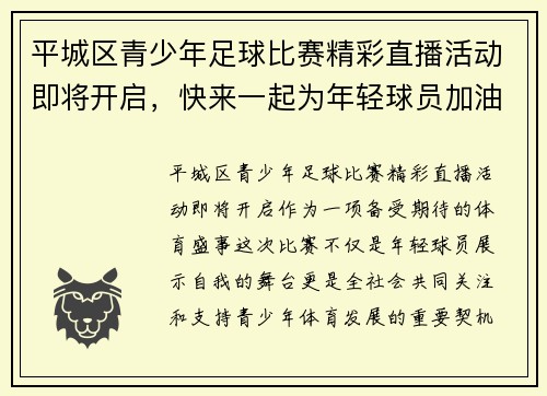 平城区青少年足球比赛精彩直播活动即将开启，快来一起为年轻球员加油助威